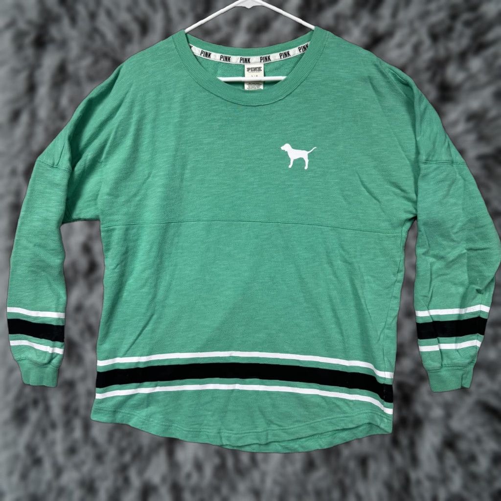 Vintage PINK Victoria's Secret Shirt L Green Jersey Striped Varsity 86 Retro Sporty Womens Long Sleeve Crew Neck T-Shirt Size L / US 10 / IT 46 - 1 Thumbnail