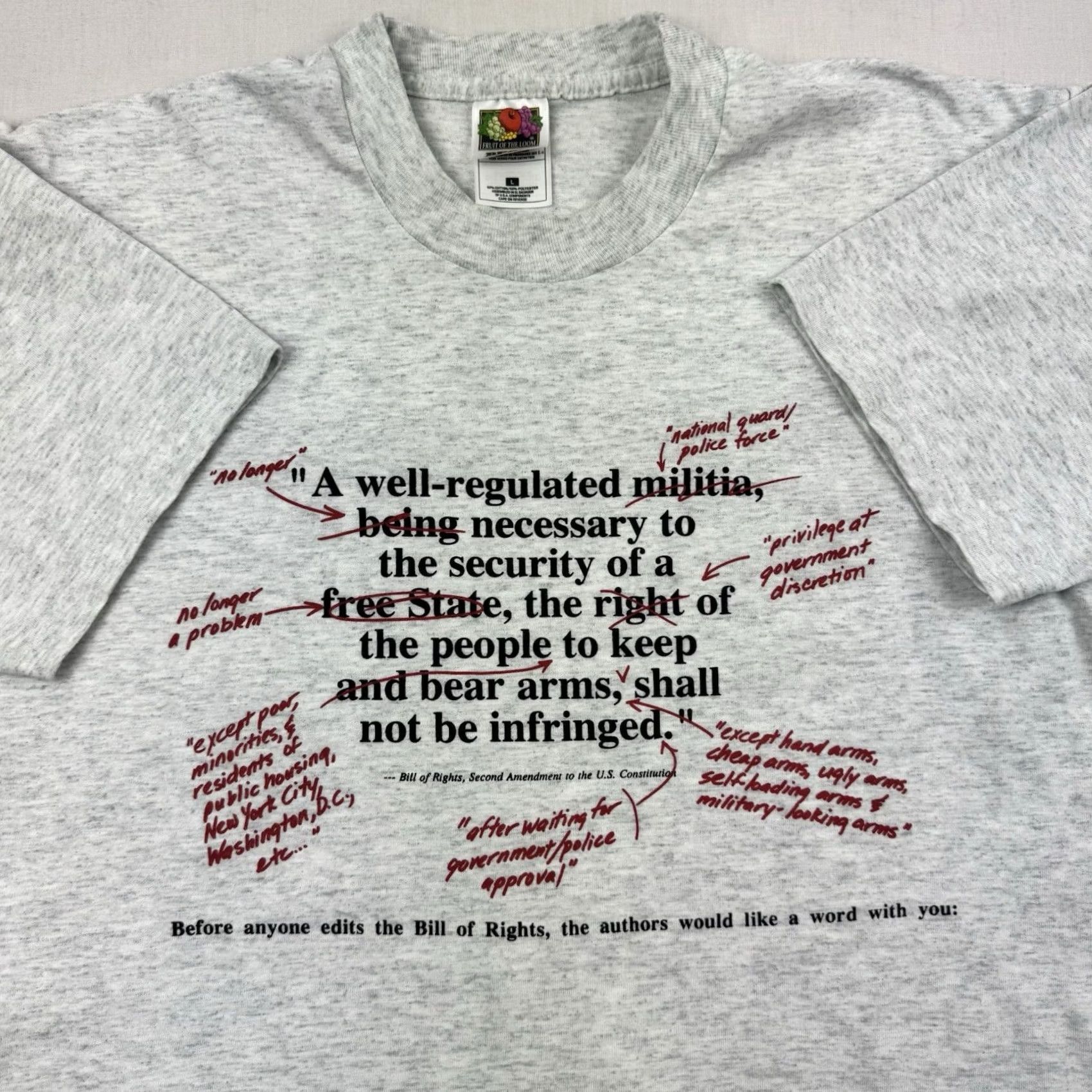 Fruit Of The Loom VINTAGE Bill Of Rights Second Amendment T Shirt Adult Large Gray Polyester, Cotton USA 90s Funny Patriotic Mens Brand: Fruit of the Loom Size US L / EU 52-54 / 3 - 2 Thumbnail