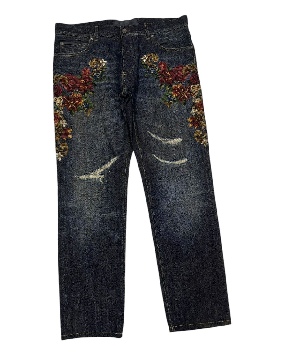 Dolce & Gabbana 🐎DOLCE & GABBANA FLOWER KNIT DISTRESSED DENIM JEANS Size US 35 - 5 Thumbnail