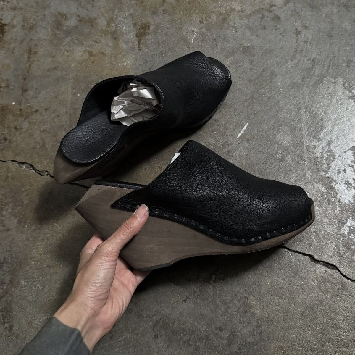 Rick Owens RICK OWENS LEATHER OPEN TOE WOOD CLOG WEDGE - BLACK - 39 Size US 9 / IT 39 - 1 Thumbnail