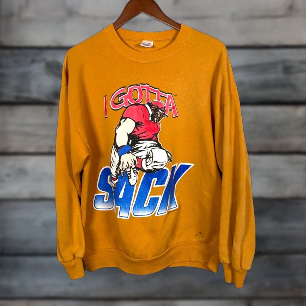 Jerzees VINTAGE Jerzees Football Sweatshirt Adult XL Dark Yellow Crewneck I Gotta Sack 50/50 Mens Sweatshirt Size US XL / EU 56 / 4 - 1 Thumbnail