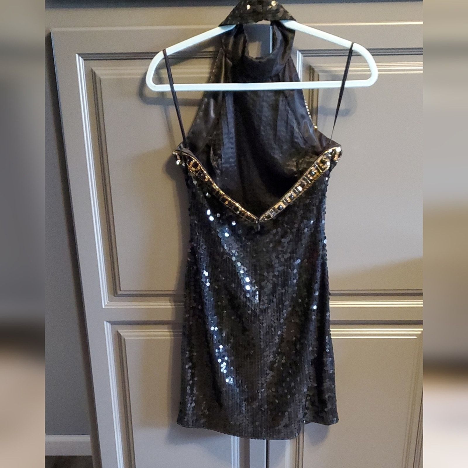 Vintage Niteline Black Gold halter silk sequin sparkle mini Dress Size L / US 10 / IT 46 - 3 Thumbnail