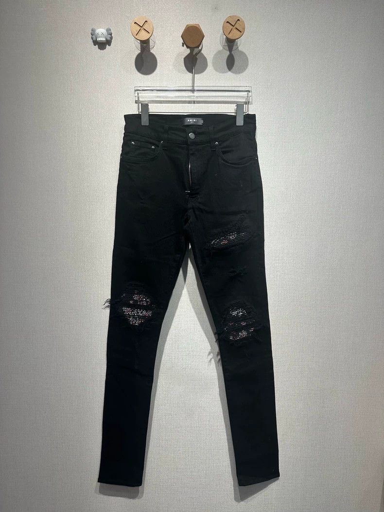 Other Amiri Red Cashew Flower Patch Leather Black Jeans Size US 31 - 1 Thumbnail