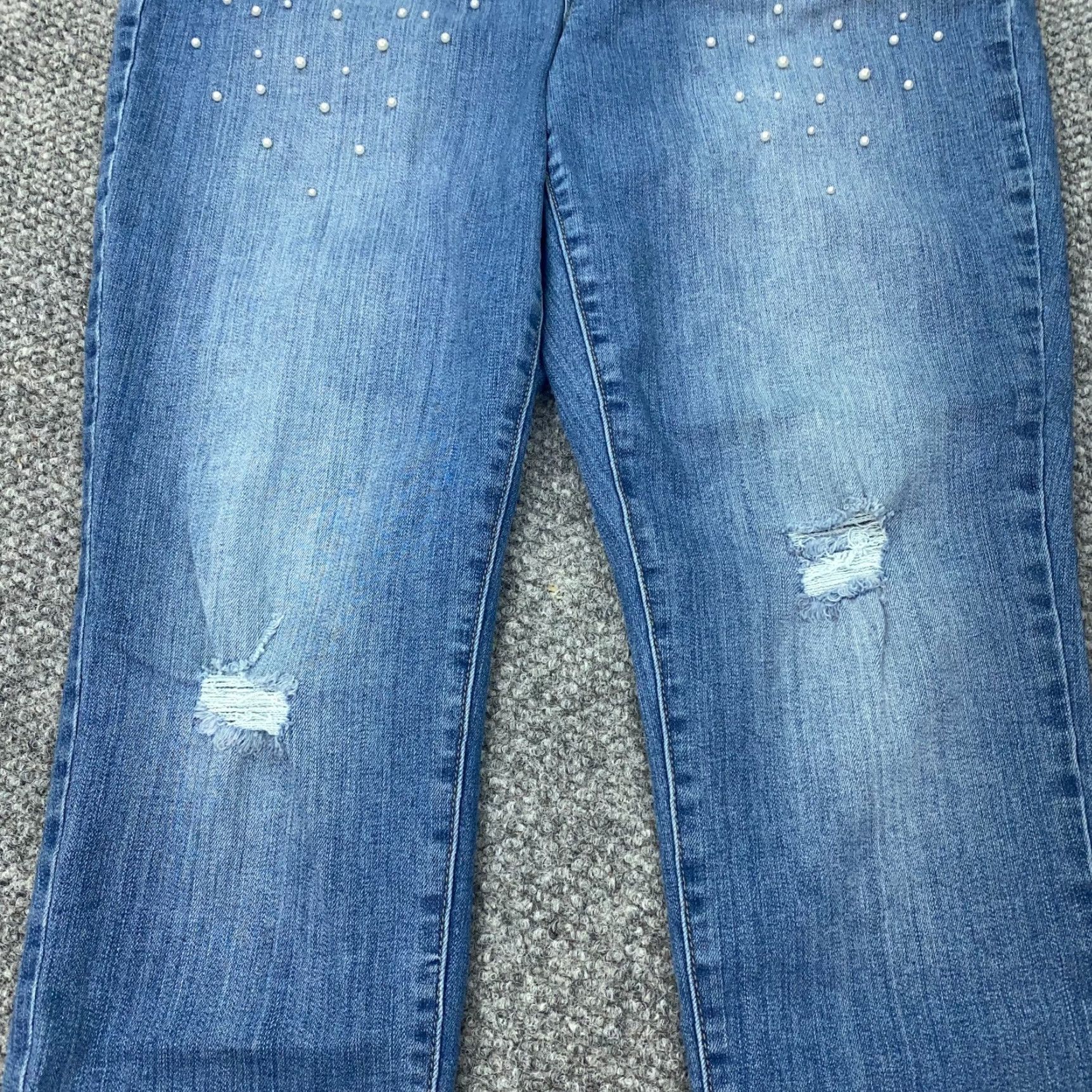 Vintage Seven7 Jeans Size 16 Blue Faded Distressed Beaded Mid-Rise Skinny Stretch Womens Size 35" - 5 Thumbnail