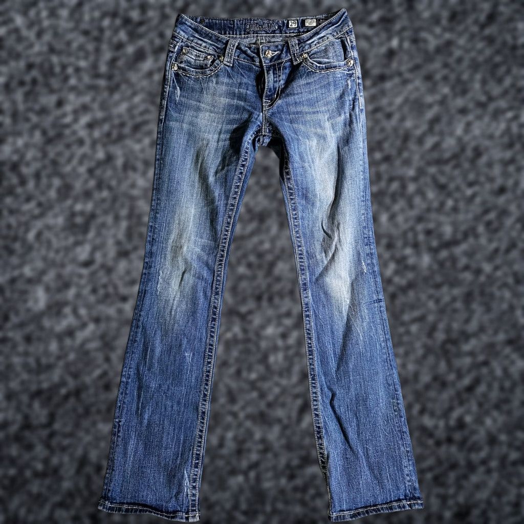 Miss Me Miss Me Signature Boot Cut Jeans Stretch 29x32 Denim Blue Women's Jeans JW5353B Flap Pockets Thick Stitch Size 29" - 1 Thumbnail