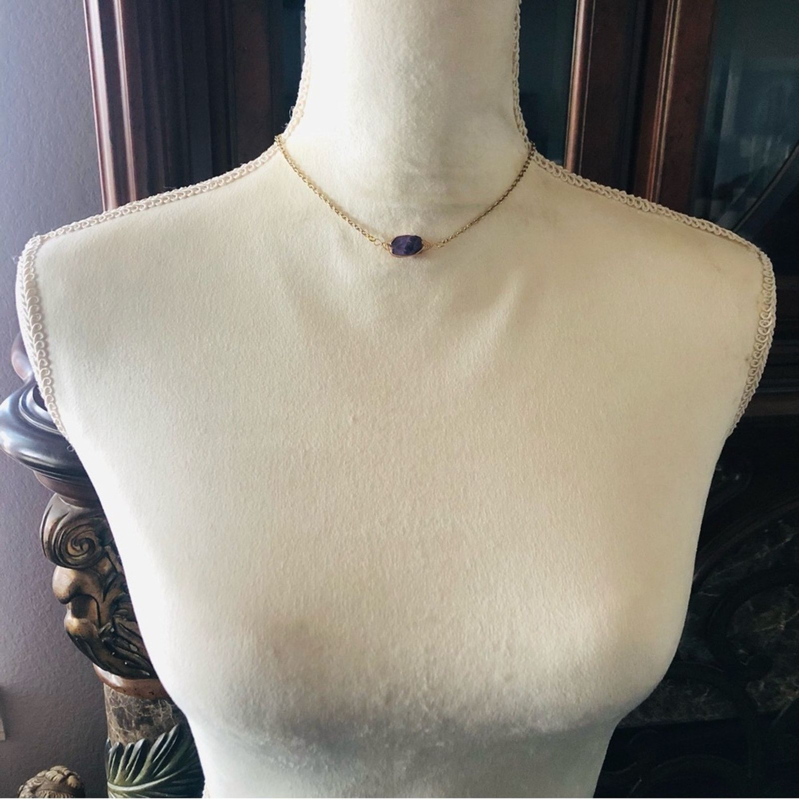 Handmade Handcrafted gold wire cage genuine amethyst stone necklace Size ONE SIZE - 6 Thumbnail