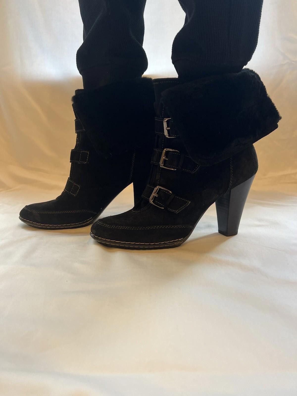 Soffe Söfft Women Black Suede Fur Lined Buckle Heel Boots Size 11 Size US 11 / IT 41 - 2 Thumbnail