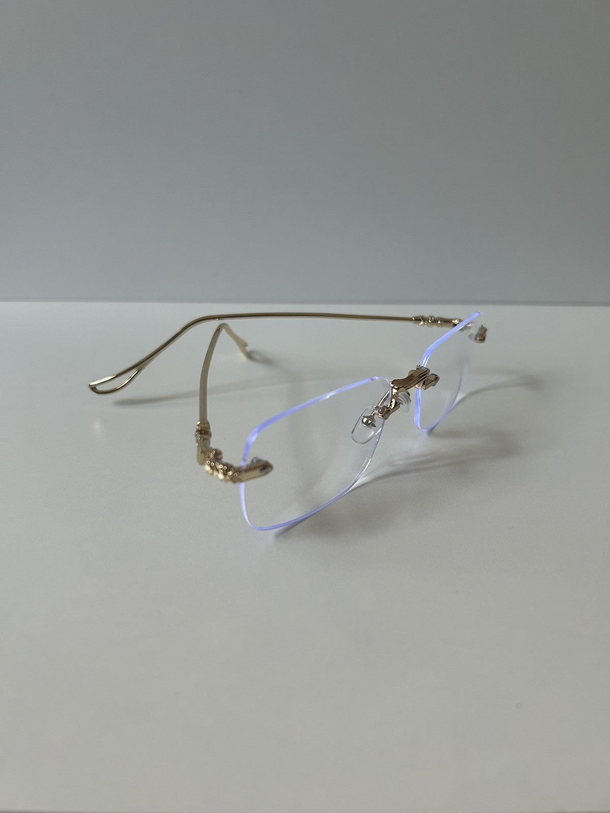 Japanese Brand × Vintage 90s Y2K retro style gold cross rimless blue tint lux glasses Size ONE SIZE - 2 Thumbnail