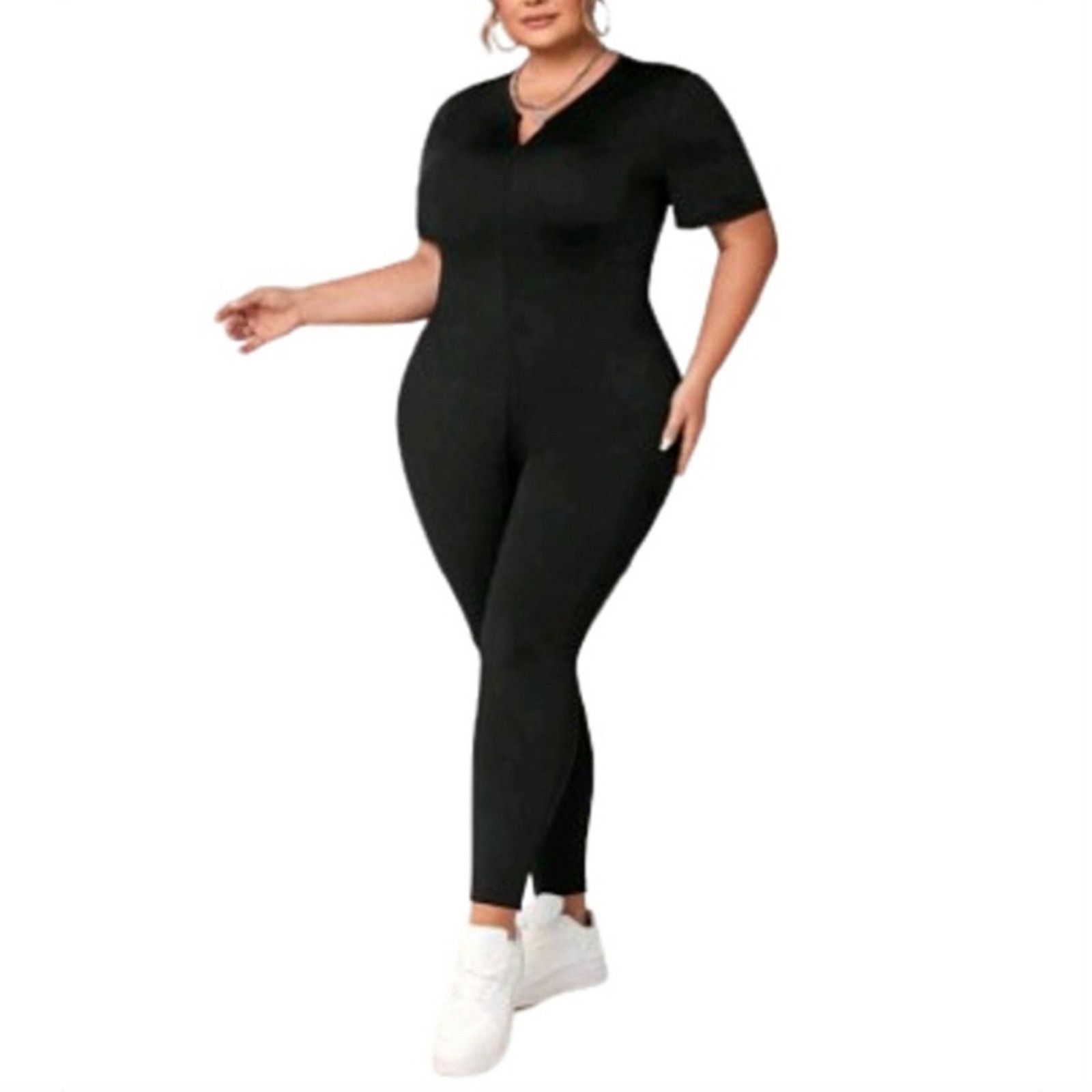 Shein MIDNITE BLACK ☆ ZIP NECK SHORT SLEEVE ☆ CATSUIT ☆ 30w ☆ NWT Size 42" / US 20 - 5 Thumbnail