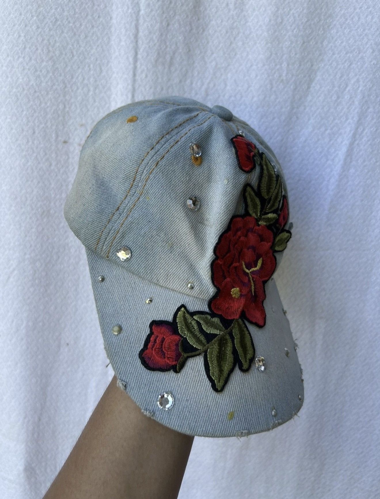 Japanese Brand Distressed Rhinestone Stone Rose Hats Size ONE SIZE - 3 Thumbnail