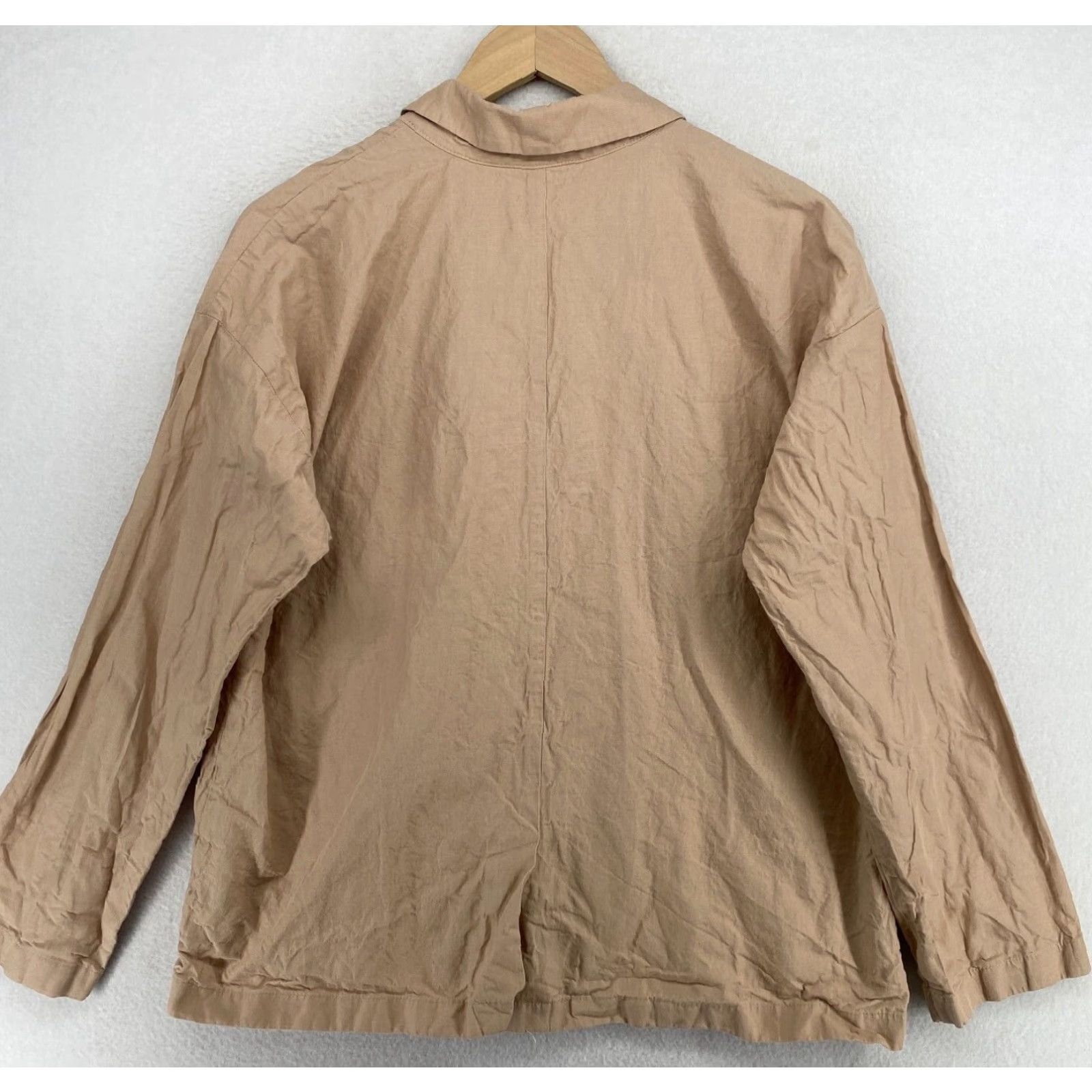 EILEEN FISHER Blazer L Organic Cotton Metallic Snap Front Jacket Beige Shirt