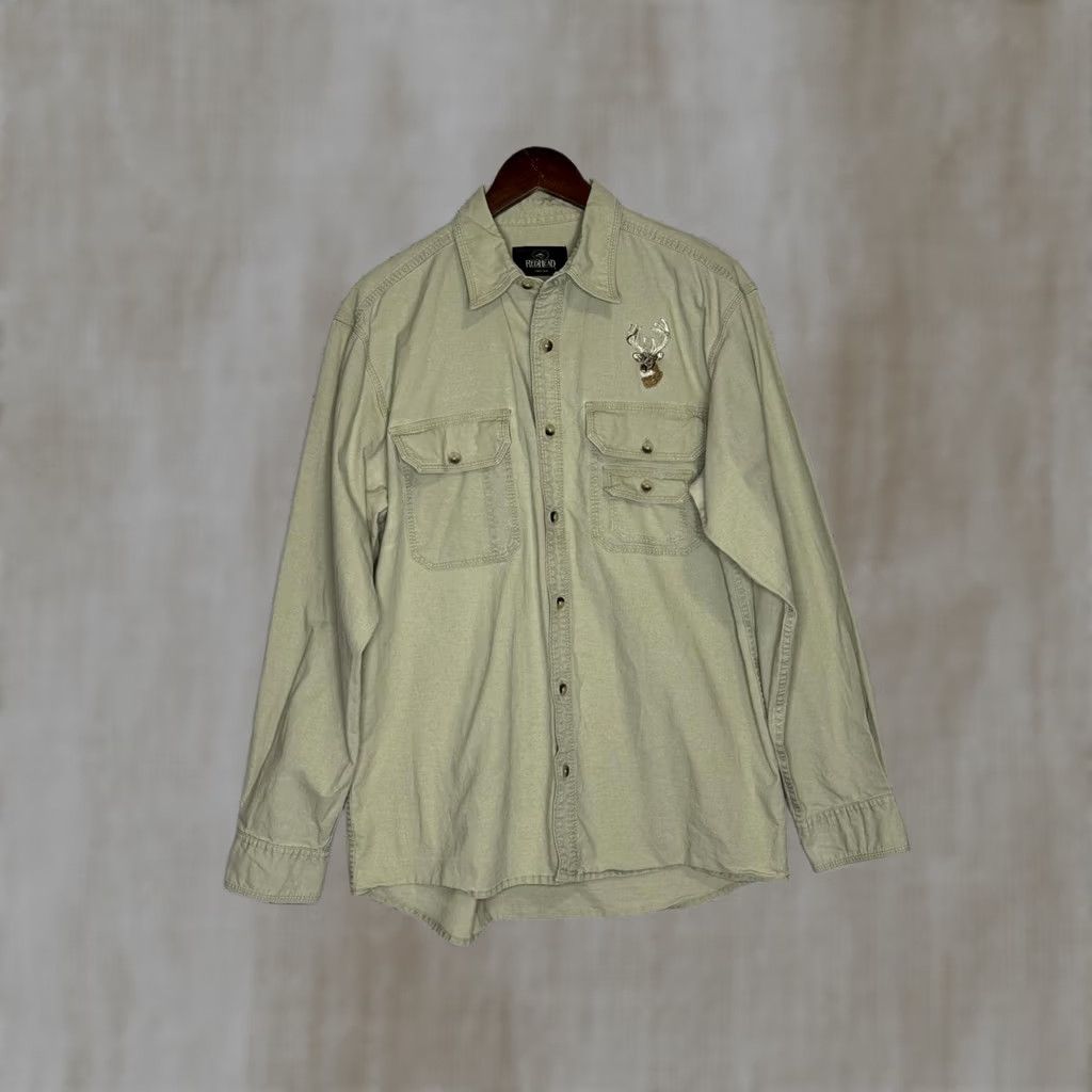Vintage RedHead Button-Up Shirt Mens Medium Beige Cotton Deer Embroidery Button-Down Regular Sleeve Long Solid 100% Cotton Size US M / EU 48-50 / 2 - 1 Thumbnail