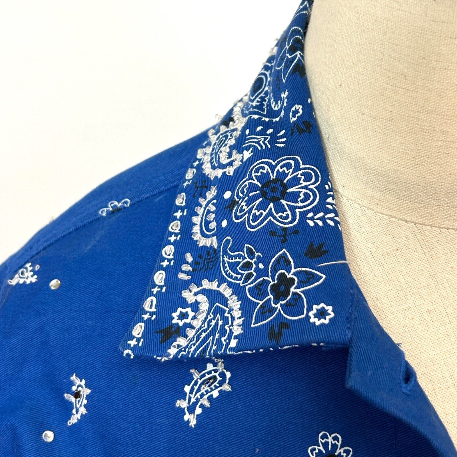 Vintage 90s Cotton Factory Blue Bandana Print Beaded Jacket Shirt Size XS / US 0-2 / IT 36-38 - 3 Thumbnail