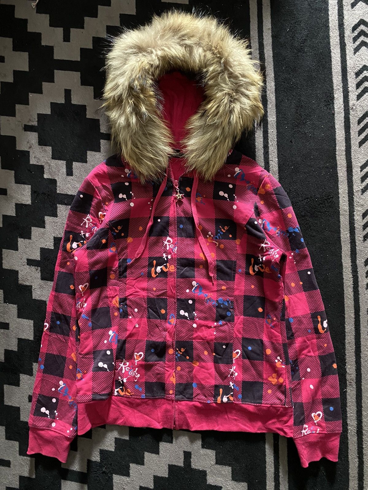 Jeanswest painter faux fur tartan hoodie y2k