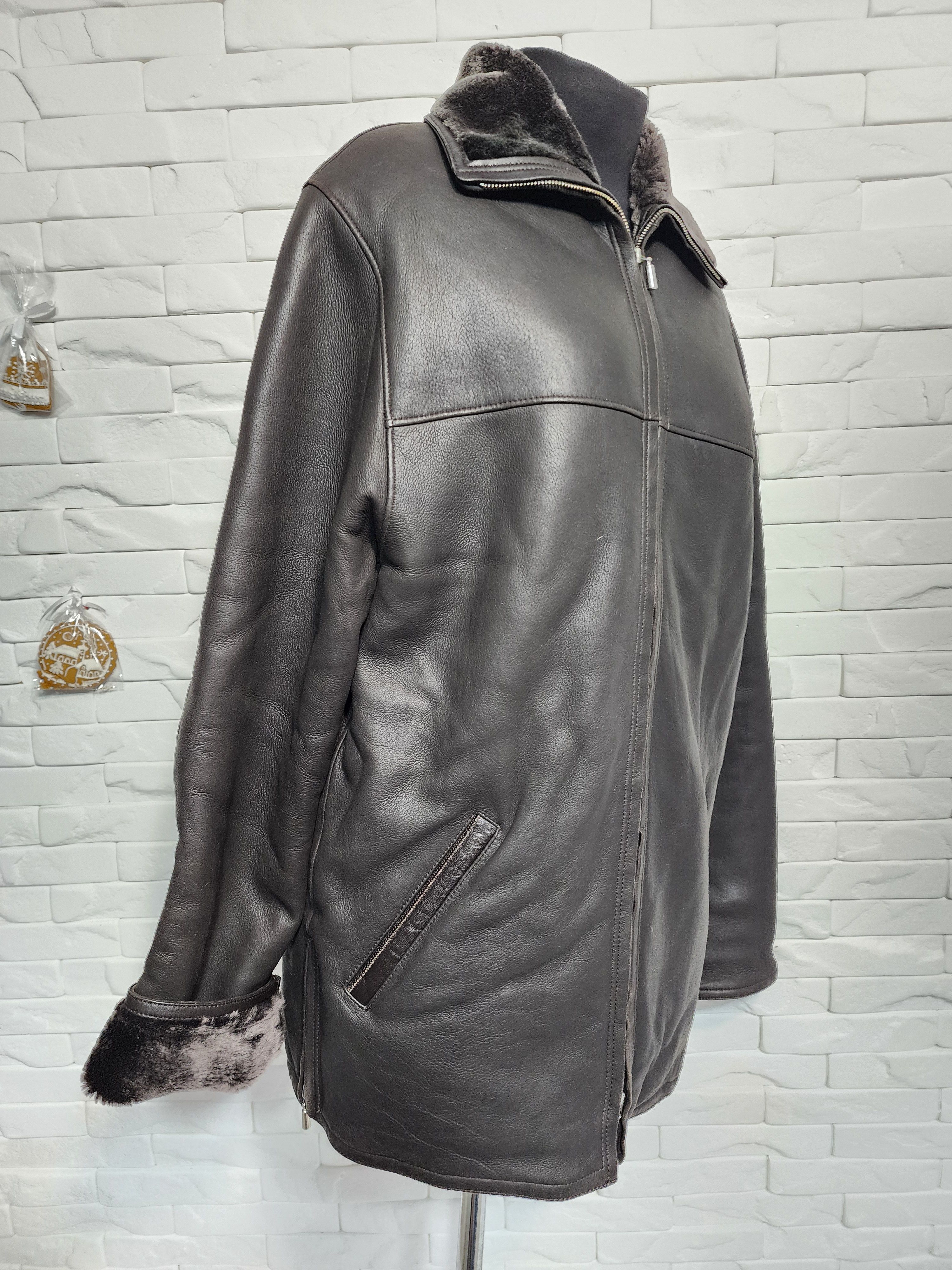 Furla Men's Brown Sheepskin Coat: White Fur, Metal Zipper Size US L / EU 52-54 / 3 - 3 Thumbnail