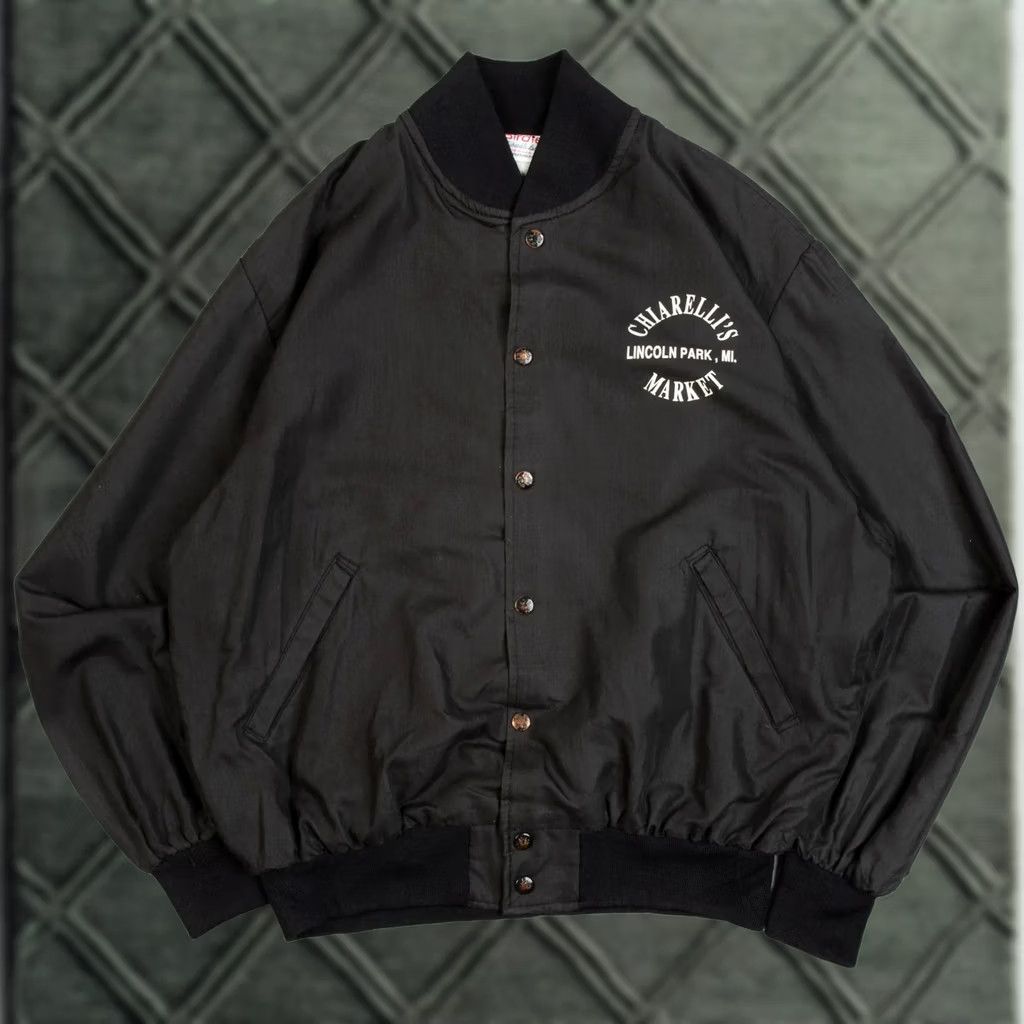 Market Vintage Chiarelli's Market Bomber Jacket Men's Large 1990s Washed Black Polyester Size US L / EU 52-54 / 3 - 1 Thumbnail
