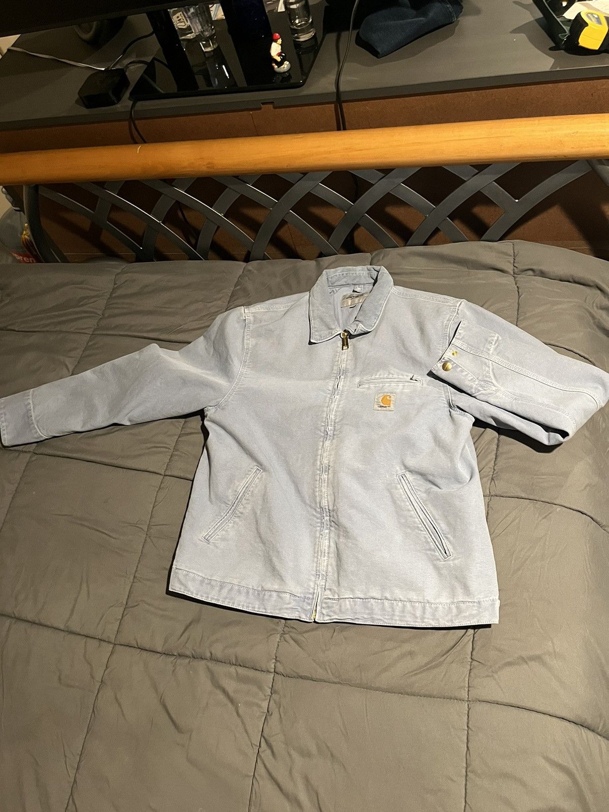 image of Vintage Light Blue Denim Carhartt Bomber Denim Down Jacket, Men's (Size Large)