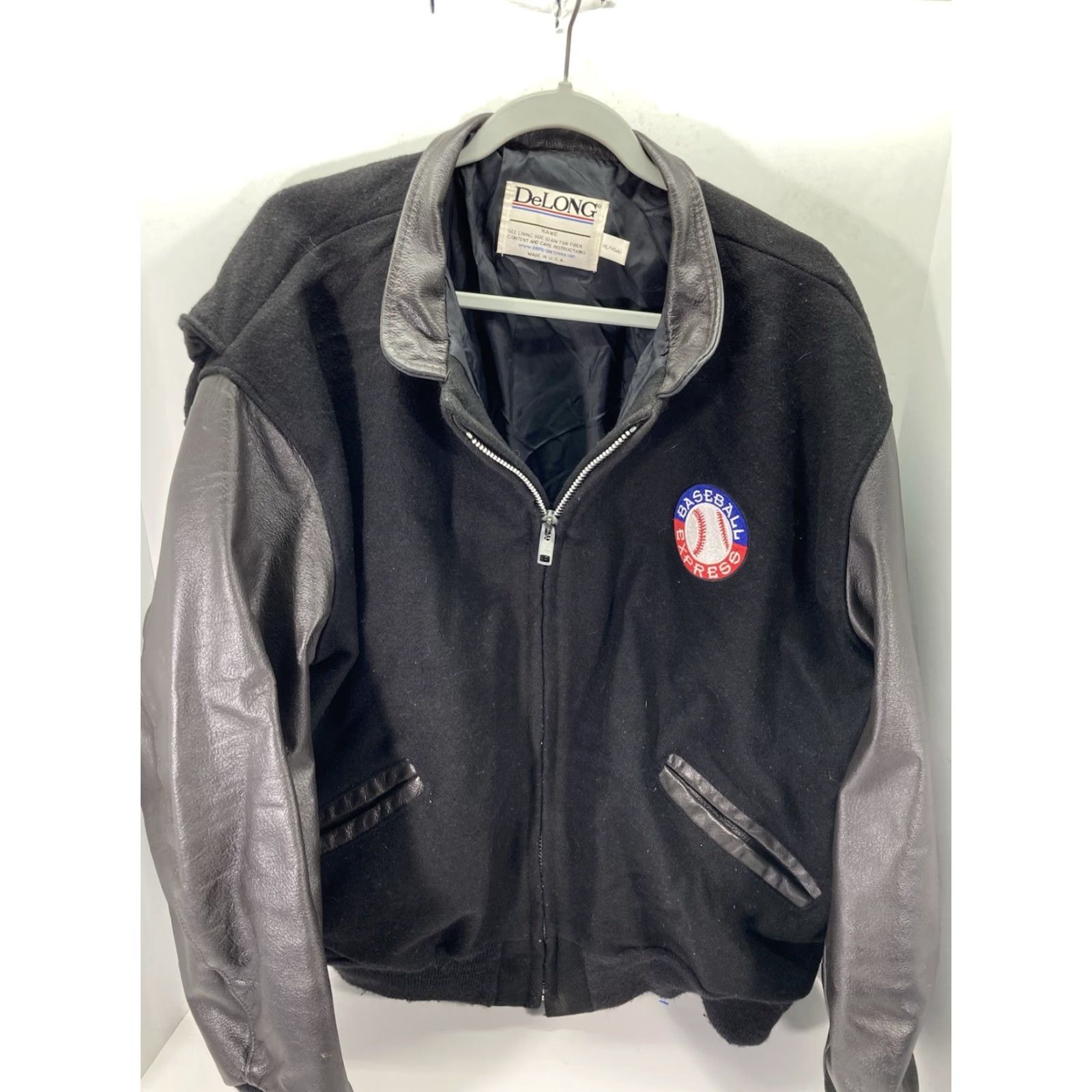 Express VINTAGE DeLong Baseball Varsity Jacket Men XL Black Wool Leather Full Zip VTG Size US XL / EU 56 / 4 - 2 Thumbnail
