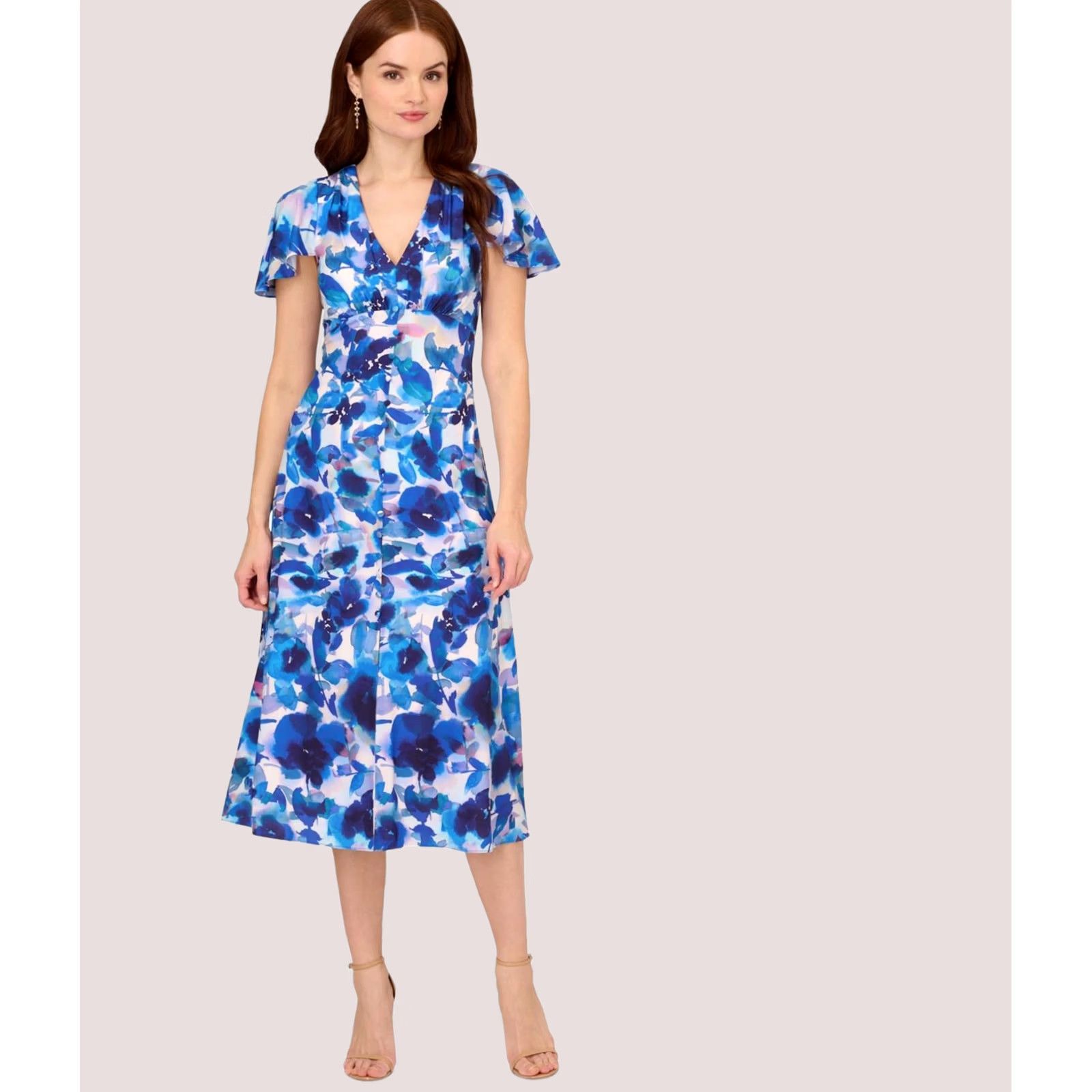 Adrianna Papell Adrianna Papell Womens Printed Slit Midi Dress, blue, Size 10 Size L / US 10 / IT 46 - 1 Thumbnail