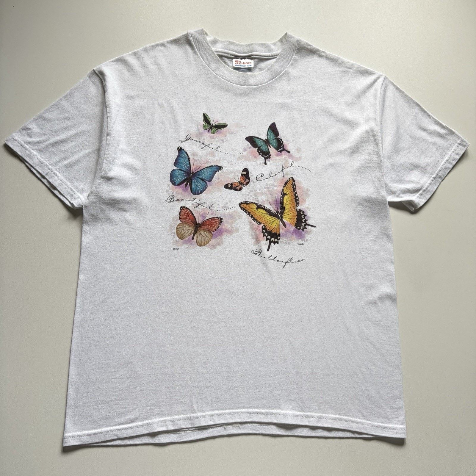 Vintage 90s Butterfly Wildlife Art T Shirt Large White Hanes