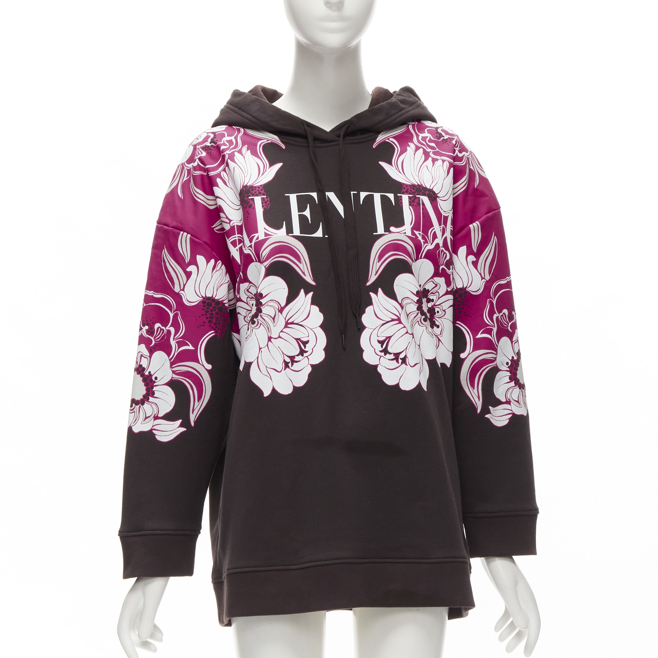 Valentino VALENTINO 2022 brown pink floral logo print cotton oversized hoodie S Size M / US 6-8 / IT 42-44 - 1 Thumbnail
