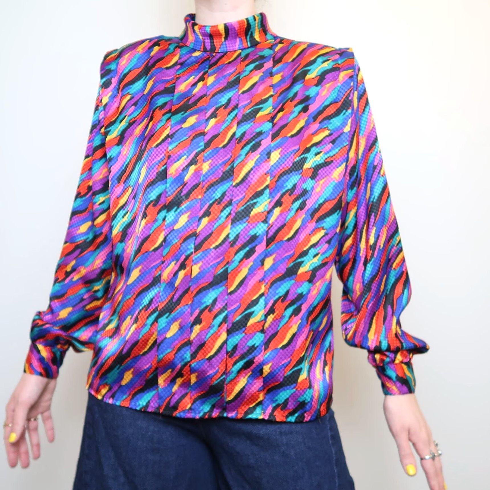 Rainbow VINTAGE Notches Shirt Purple Satin Abstract Print Rainbow 80s 90s Long Sleeve Shoulder Pads Back Buttons Roll Collar Size 13 Womens Size XL / US 12-14 / IT 48-50 - 2 Thumbnail