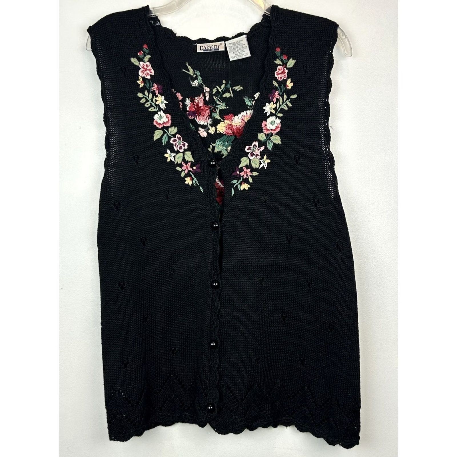Vintage VINTAGE Capacity Embroidered Floral Knit Sweater Vest Womens M Petite Black Casual Cottage Grandma Size M / US 6-8 / IT 42-44 - 2 Thumbnail