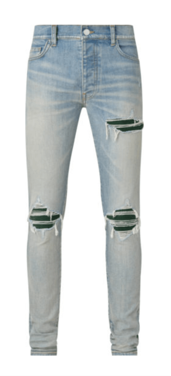 Amiri Amiri MX1 Green Suede Patch Jeans Antique Indigo | Grailed