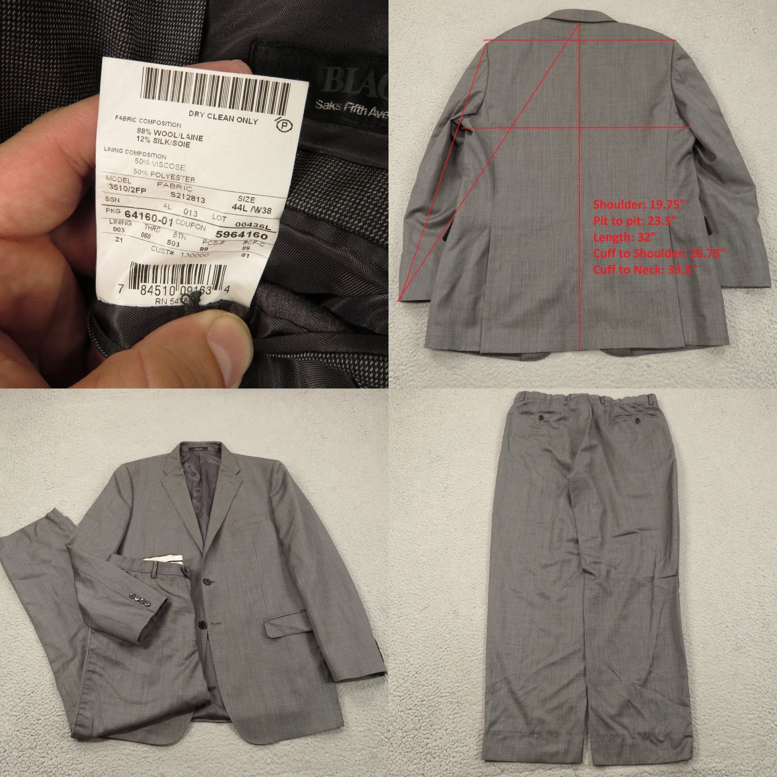 Ermenegildo Zegna Ermenegildo Zegna Suit 2 Piece Charcoal Wool Silk Jacket Pant 44L 36x32 Men Regular Notch Lapel Size 44R - 8 Thumbnail