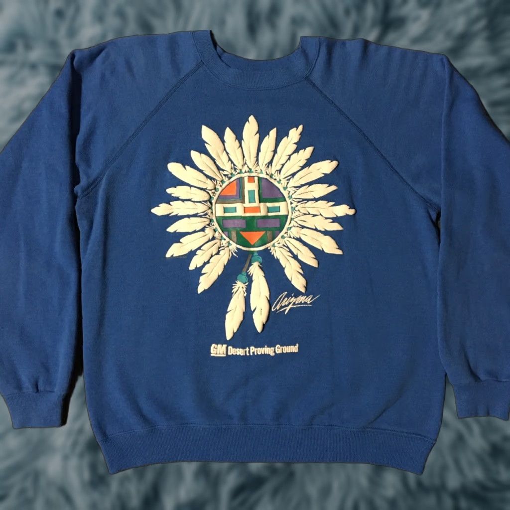 Vintage VINTAGE General Motors Sweatshirt Desert Proving Ground Arizona Native Feather Mask 90s GM Western, Southwestern, Tribal Blue M Size US M / EU 48-50 / 2 - 1 Thumbnail