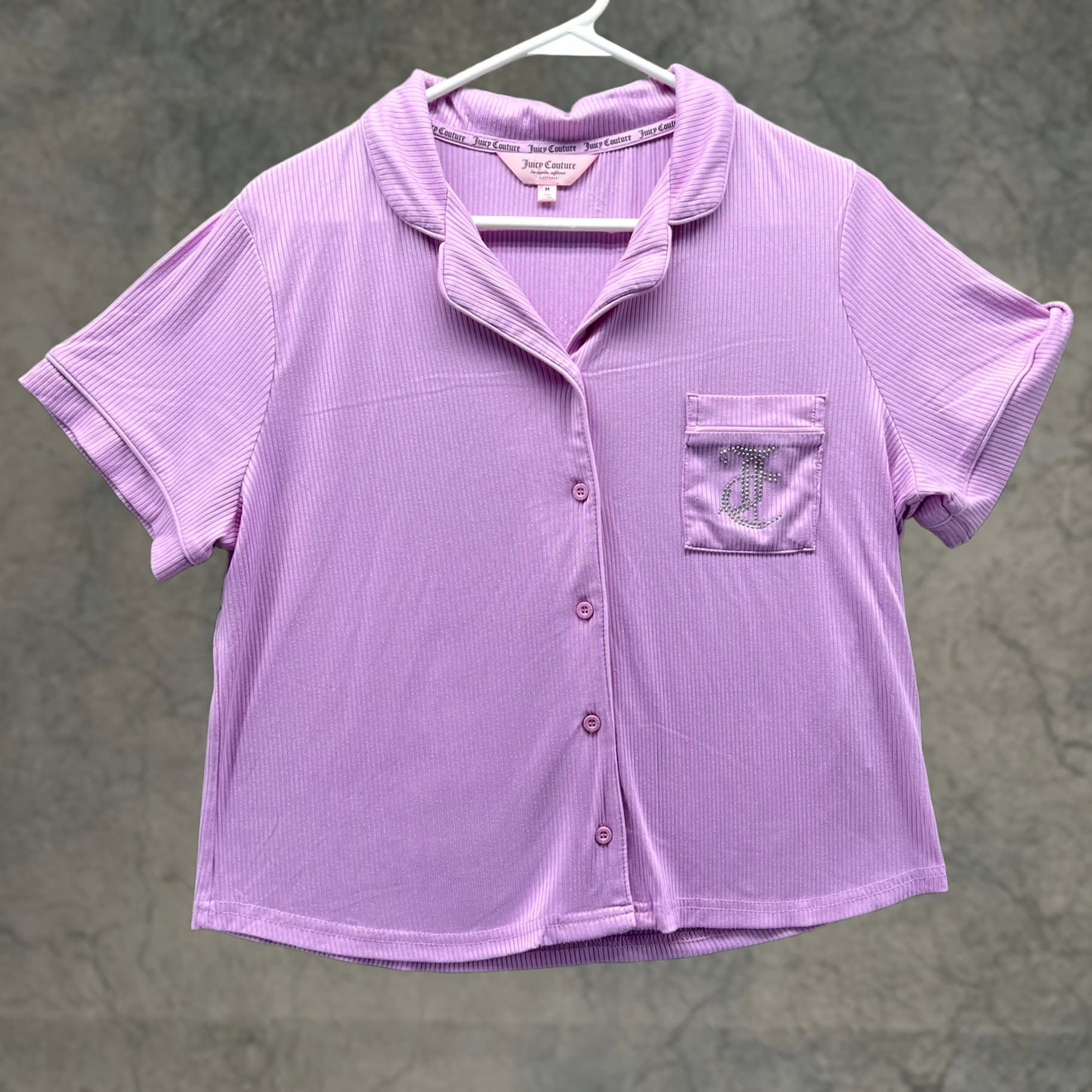 Juicy Couture Juicy Couture Pajama Top Womens Medium Purple Button Front Rhinestone Sleep Lounge Short Sleeve Collared Retro Jersey Knit Size M / US 6-8 / IT 42-44 - 1 Thumbnail