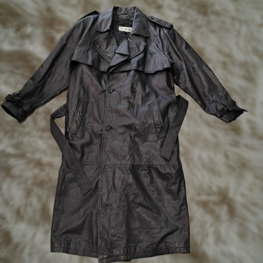 VINTAGE Philinon Black Leather Trench Coat Double Breasted Belted Long Coat Coat Mens Size L Black Belted Trench Coat Mens LFestyle
