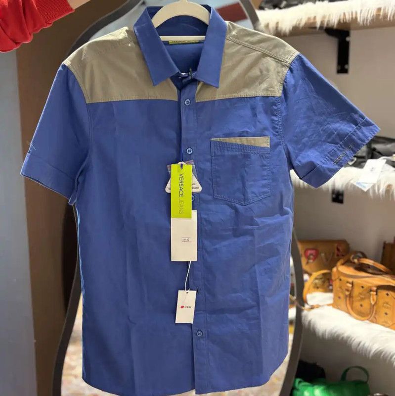 Versace Versace Blue Cotton Short Sleeve Shirt 0089 Size US M / EU 48-50 / 2 - 1 Thumbnail
