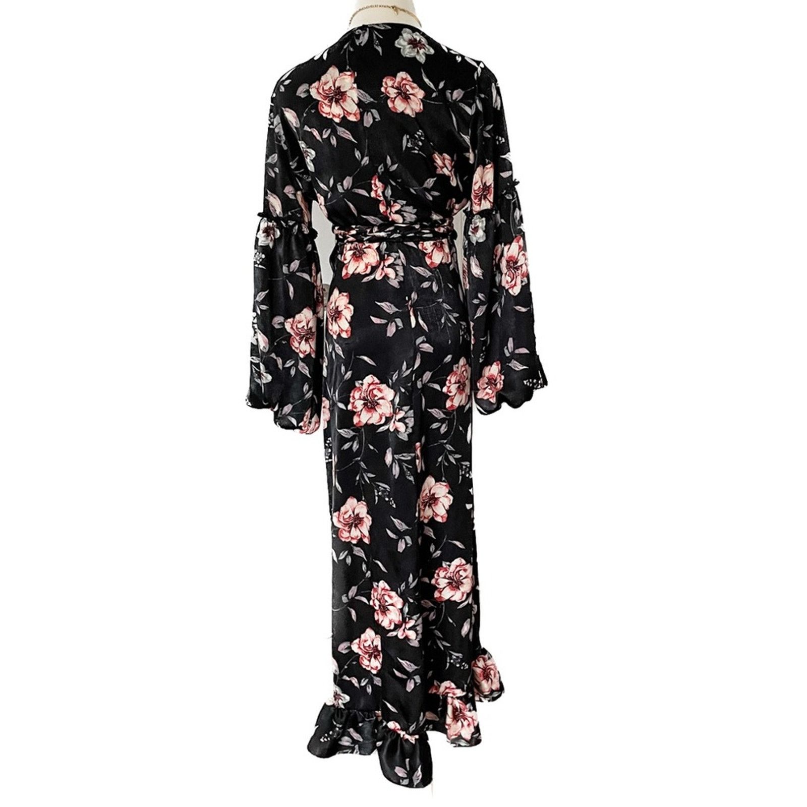MISA Los Angeles MISA LA Luna Black Floral Satin Bubble Sleeve Wrap Dress Size S / US 4 / IT 40 - 6 Thumbnail