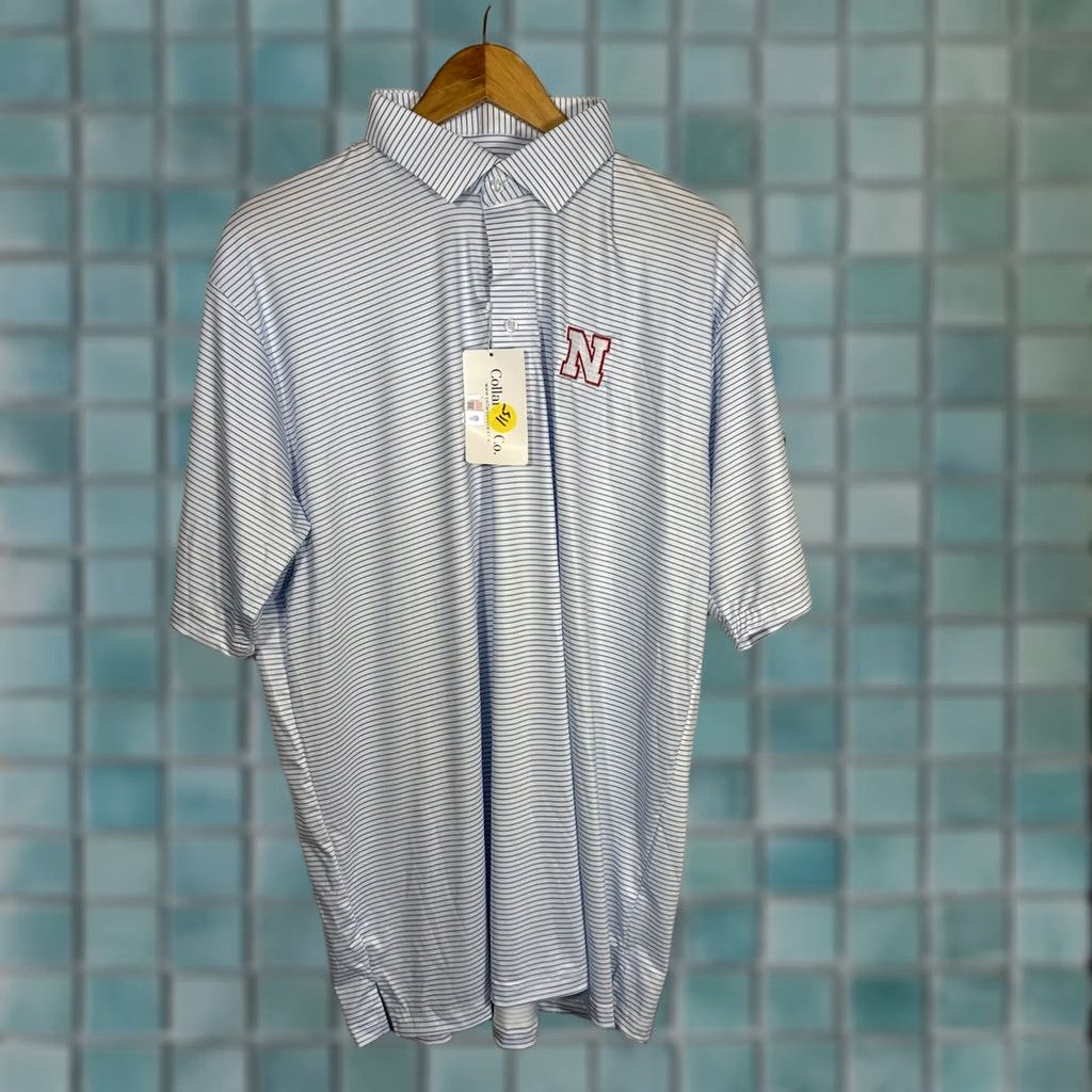 CO Collars & Co. Nebraska Huskers Polo Shirt Blue White Stripe XL NWT Shirt Mens Slim Fit 4-way Stretch Moisture Wicking Size 46R - 1 Thumbnail