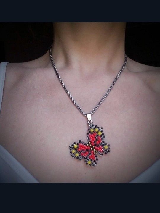 Handmade Necklace Pendant Beaded Butterfly Red Elegant Size ONE SIZE - 4 Thumbnail