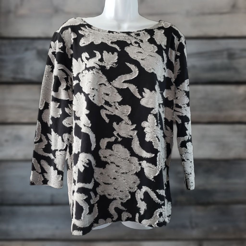Loft Ann Taylor LOFT Top Womens Sz Medium Black Gray Fringe 3/4 Sleeve Cotton Blend Size M / US 6-8 / IT 42-44 - 1 Thumbnail