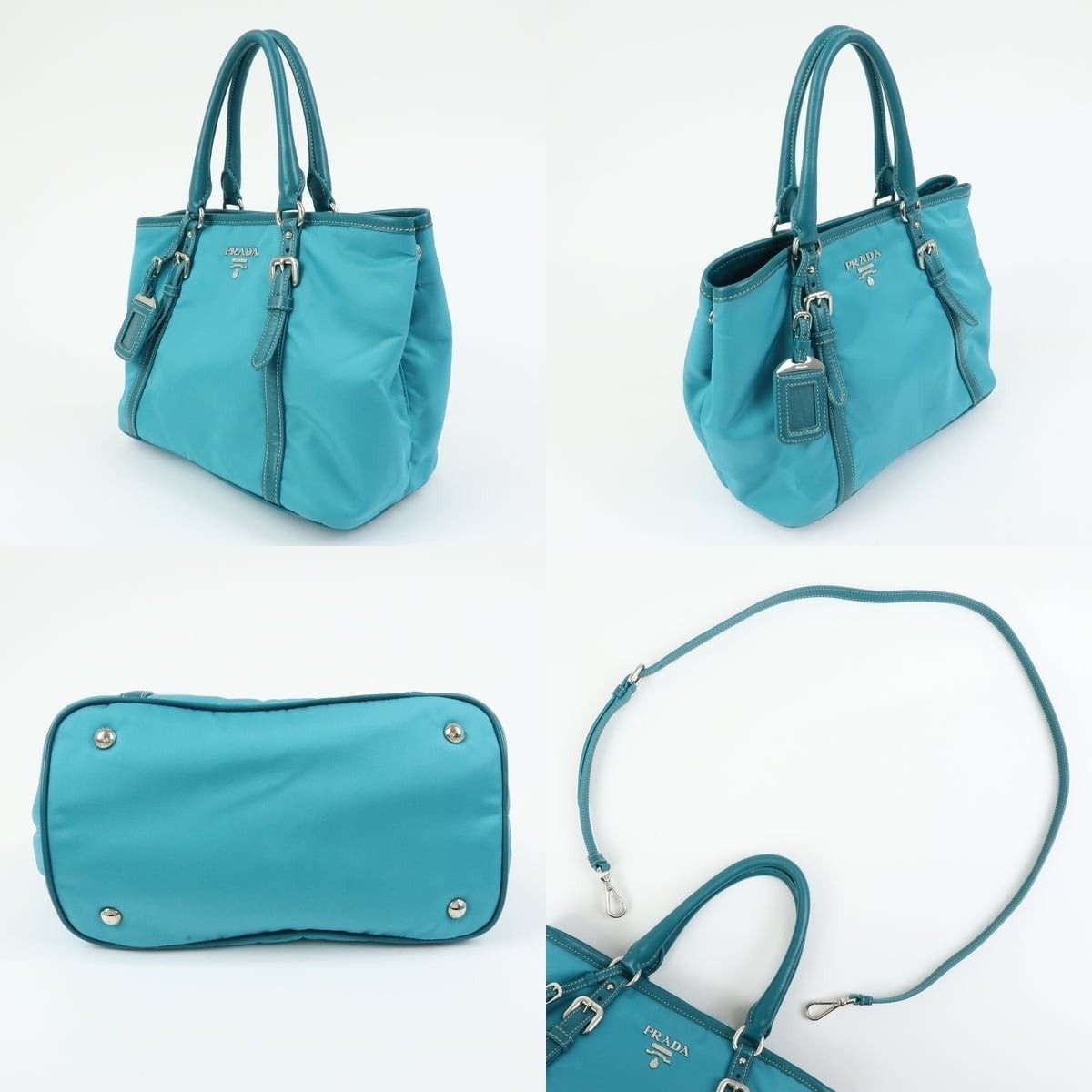 Prada Prada Nylon Leather Tote Blue Size ONE SIZE - 3 Thumbnail