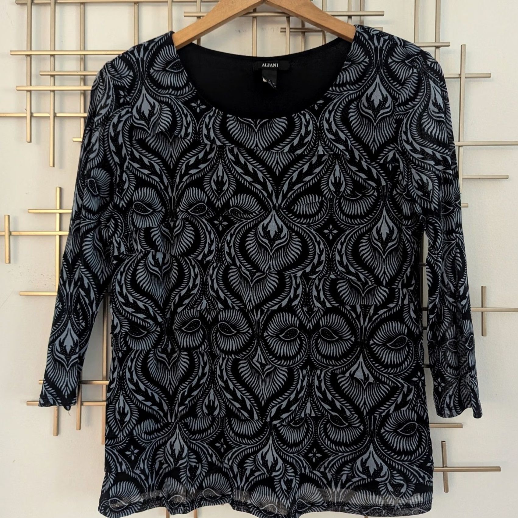 Alfani Alfani Black & White Damask Print 3/4 Sleeve Top Shirt Womens Sz L Vintage No Size L / US 10 / IT 46 - 2 Thumbnail