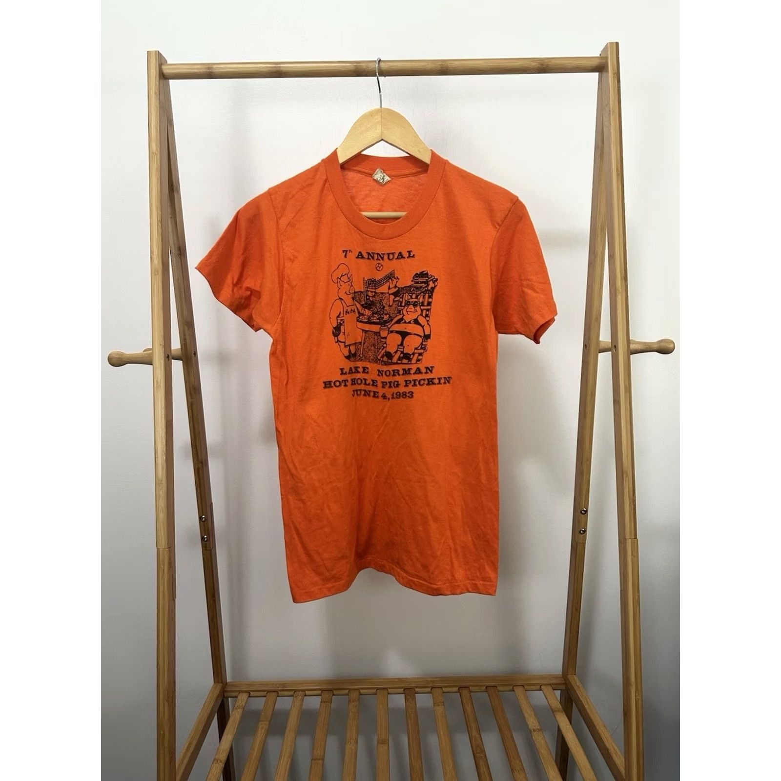 Vintage VTG 80s Lake Norman Pig Pickin Bikini Paper Thin T-Shirt Size M Shirt Men Orange XS? Size US M / EU 48-50 / 2 - 2 Thumbnail