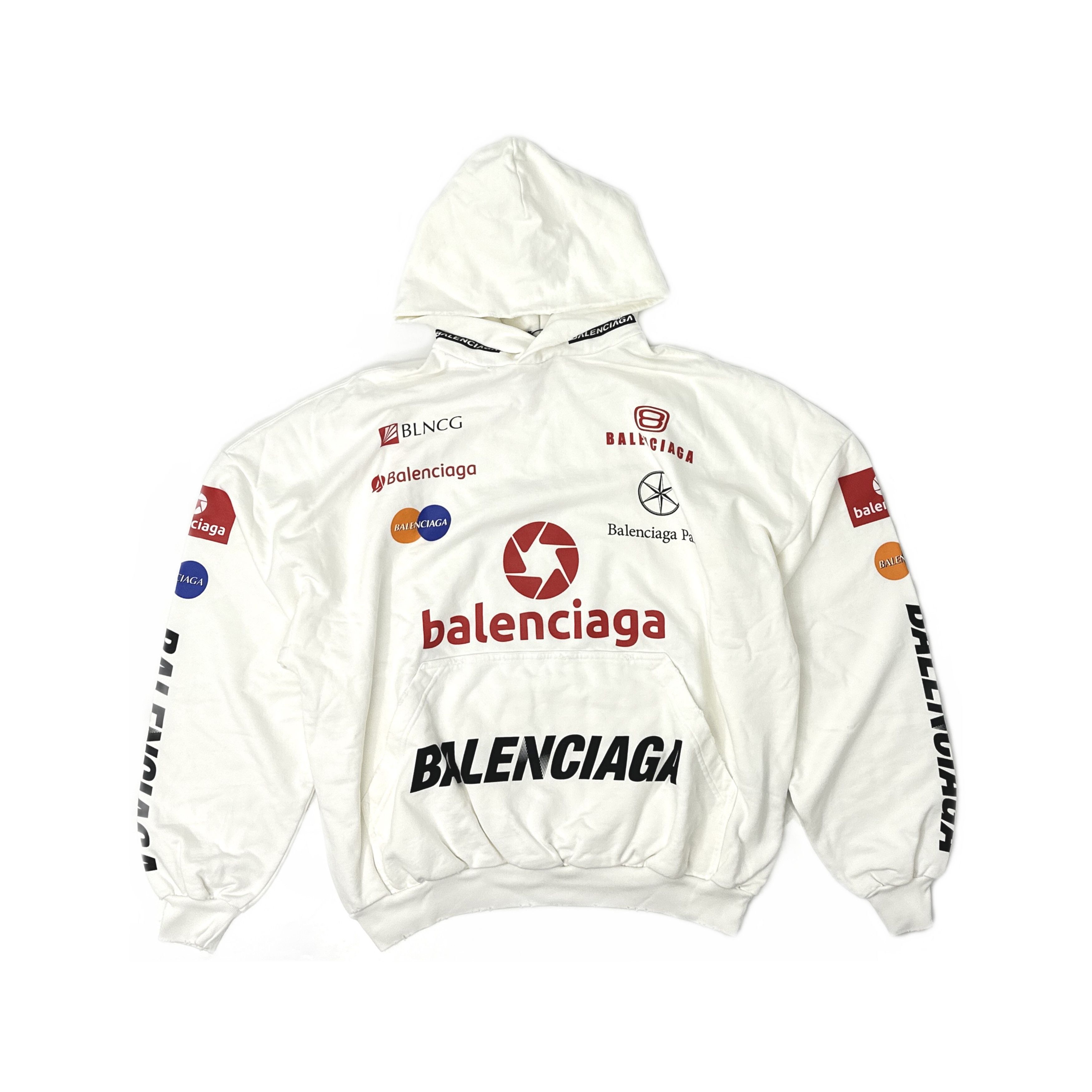 Balenciaga Multi-Logo Print Hoodie Size L in White, Men's