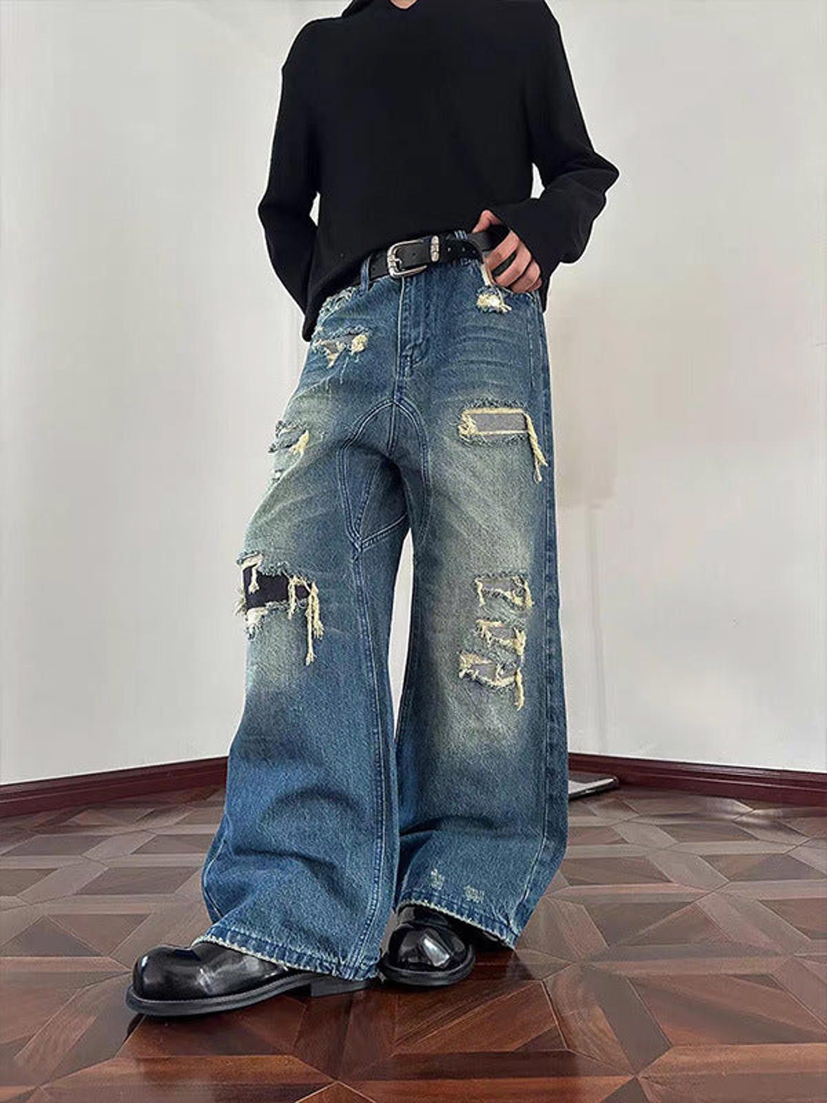 Vintage Blue Distressed Wide Leg Jeans, Baggy Denim Pants Size US 32 / EU 48 - 4 Thumbnail