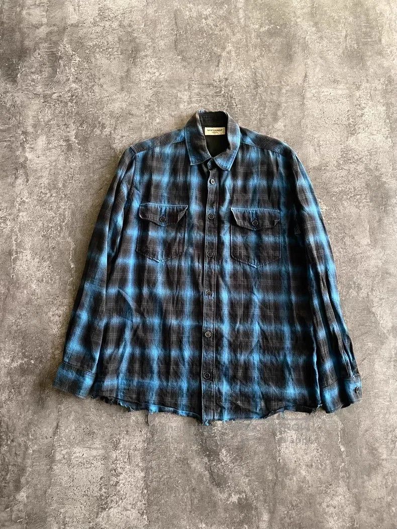 Saint Laurent Paris Saint Laurent Paris Blue and Black Washed Frayed Plaid Shi Size US XL / EU 56 / 4 - 1 Thumbnail