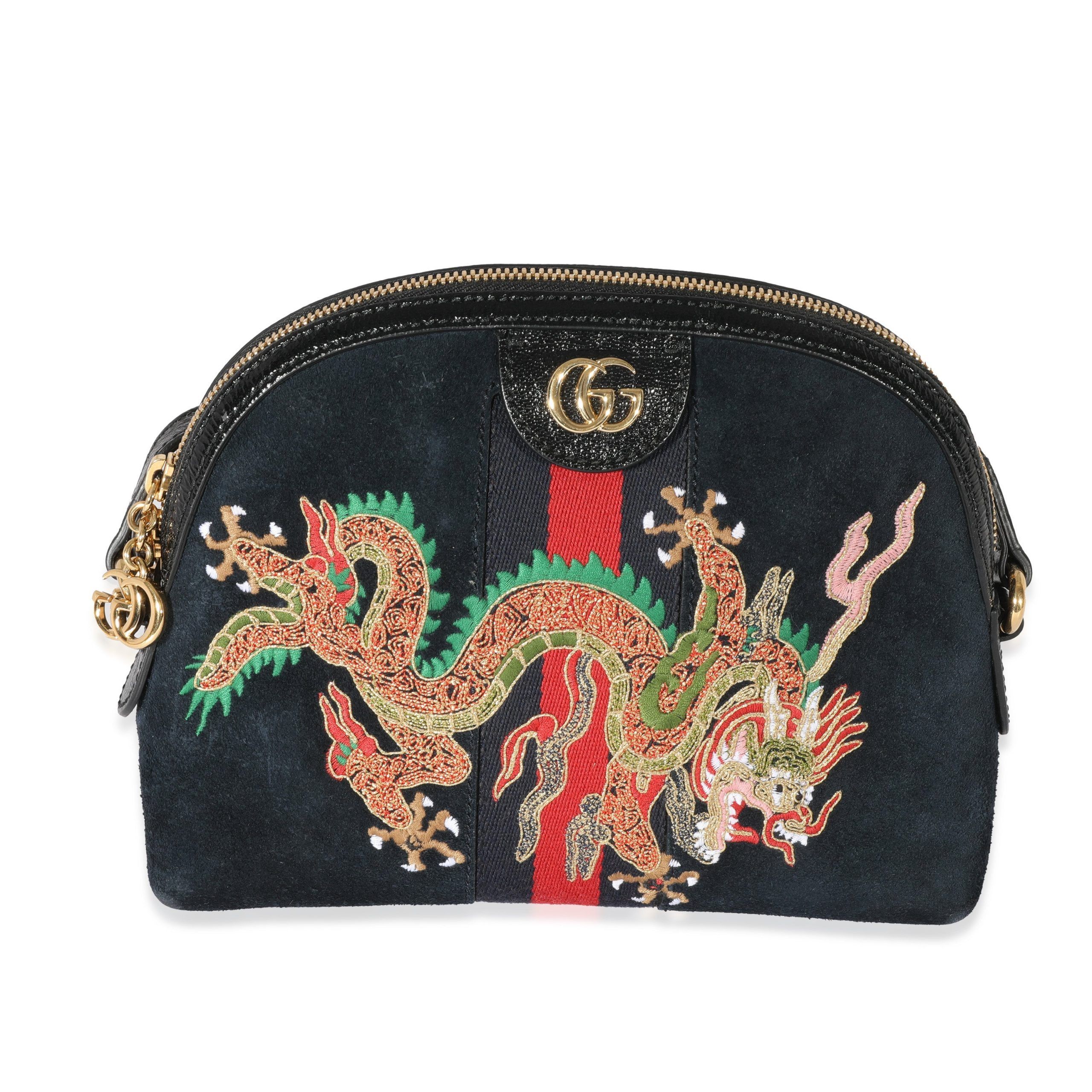 image of Gucci Black Embroidered Suede Ophidia Dome Bag, Women's