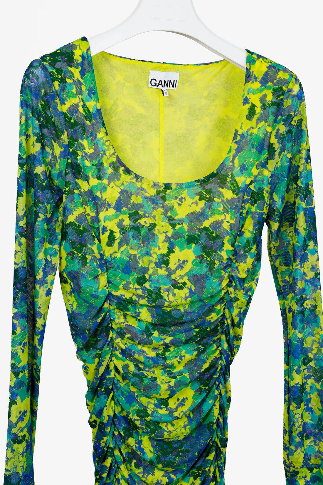 Ganni Ganni 2021 Green Ruched Printed Mesh Midi Dress Size S / US 4 / IT 40 - 3 Thumbnail