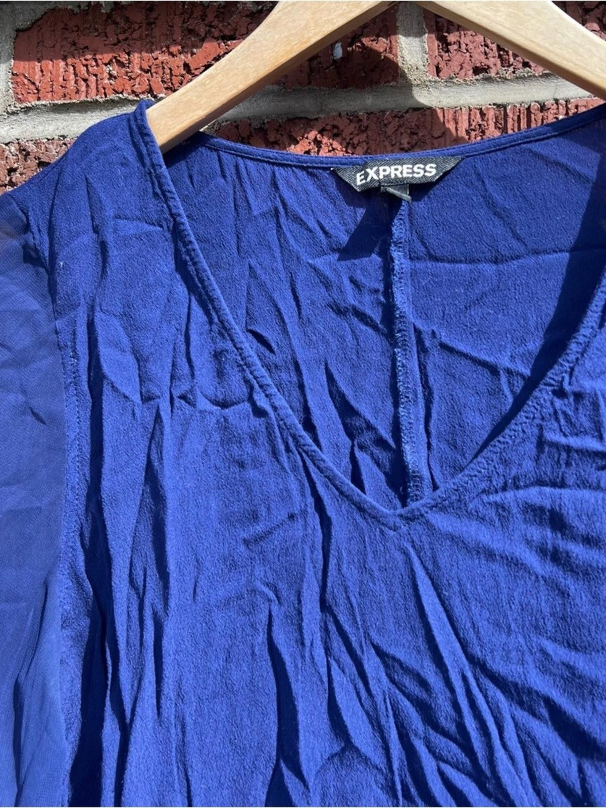 Express Express Royal Blue V Neck Long Sleeve Tunic Mini Dress Size L / US 10 / IT 46 - 3 Thumbnail