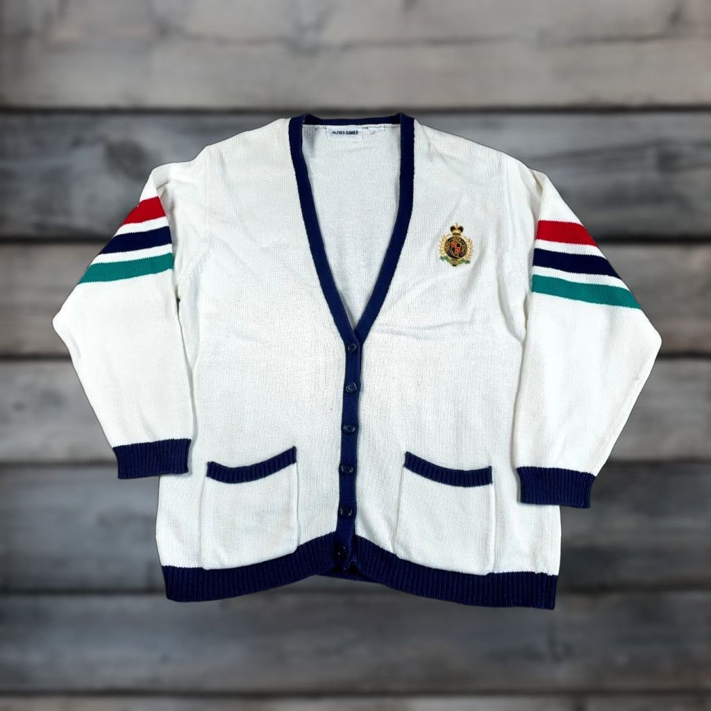 Vintage VINTAGE Women's XL 90s Collegiate Style Cardigan Sweater Alfred Dunner White Knit-Stripe Long Sleeve Casual Preppy Size XL / US 12-14 / IT 48-50 - 1 Thumbnail