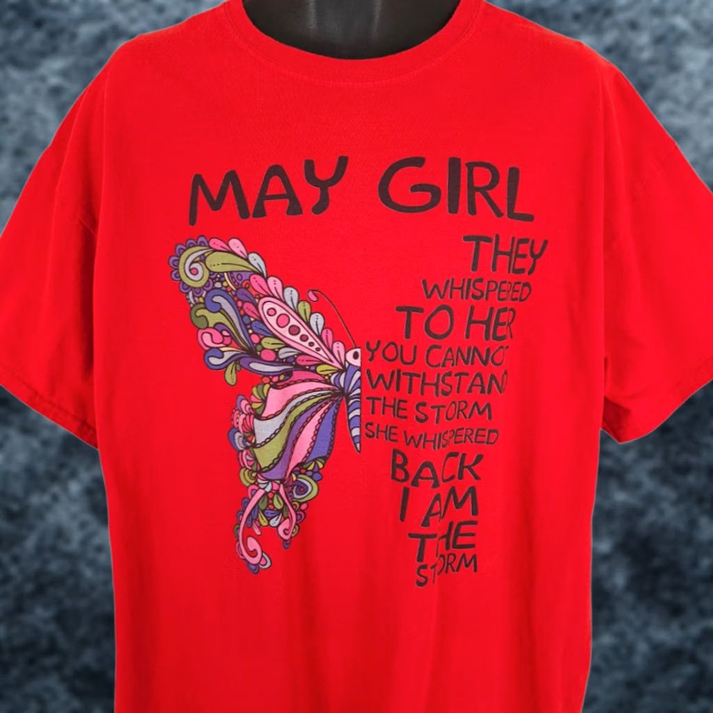 Gildan Gildan May Girl Butterfly T Shirt Mens 2XL Red Crew Neck Short Sleeve I Am The Storm Womens? Mens? Or Girls? Size US XXL / EU 58 / 5 - 1 Thumbnail
