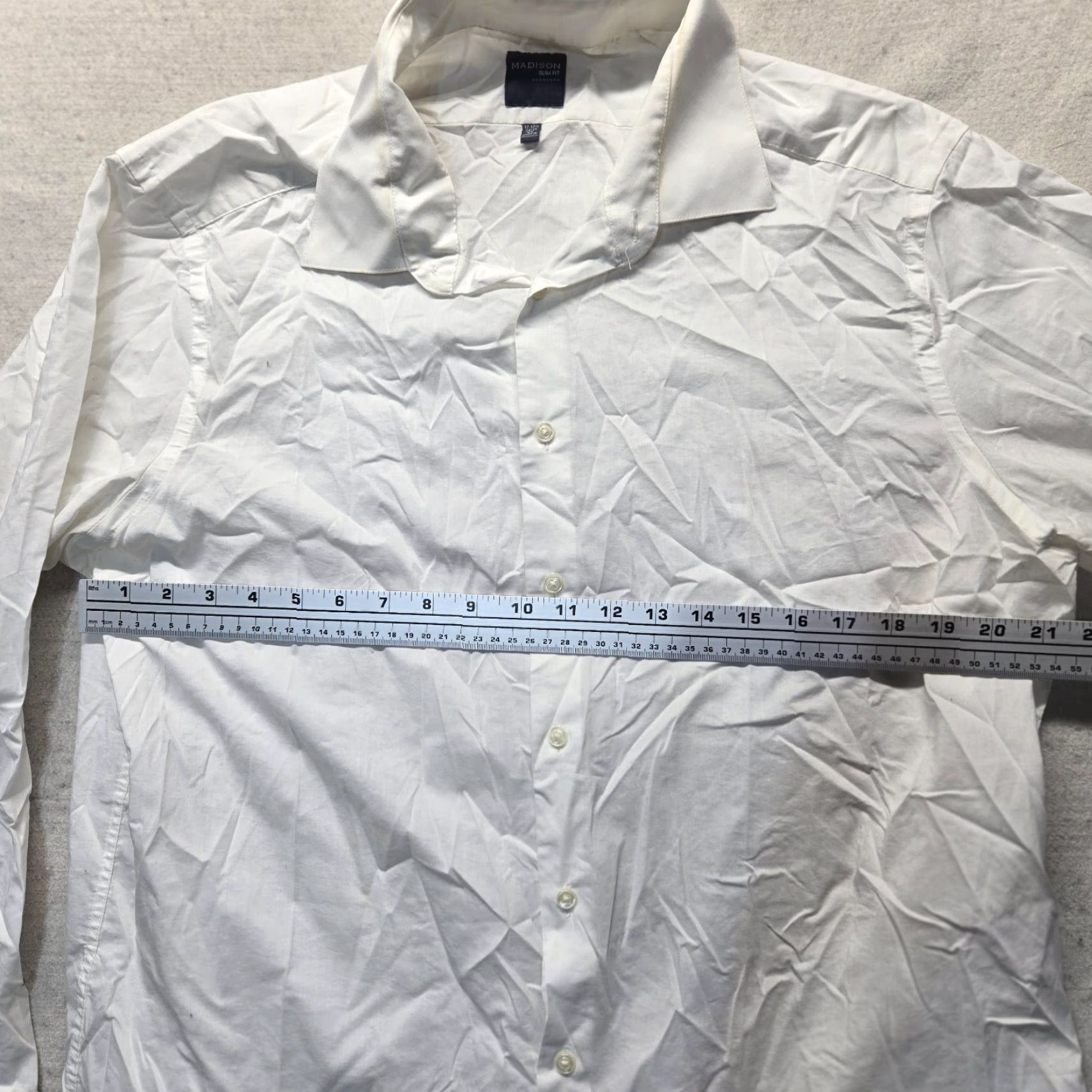 Madison Madison Shirt Dress Shirt Long Sleeve White Solid Men XL 17-17.5 34/35 Slim Fit Barrel Cuff Modern Vintage: No (but can't add N/A). Size 46R - 3 Thumbnail