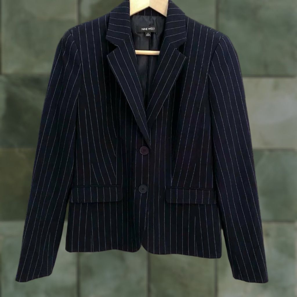 Nine West Nine West Womens Suit Jacket Blazer Blue Stripe Notch Lapel Long Sleeve Button 4 Size S / US 4 / IT 40 - 1 Thumbnail